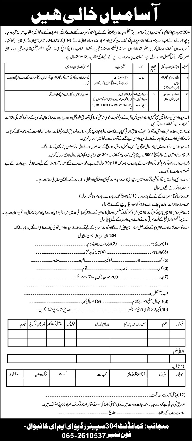 Pak Army 304 Spares Depot EME Khanewal Jobs 2025