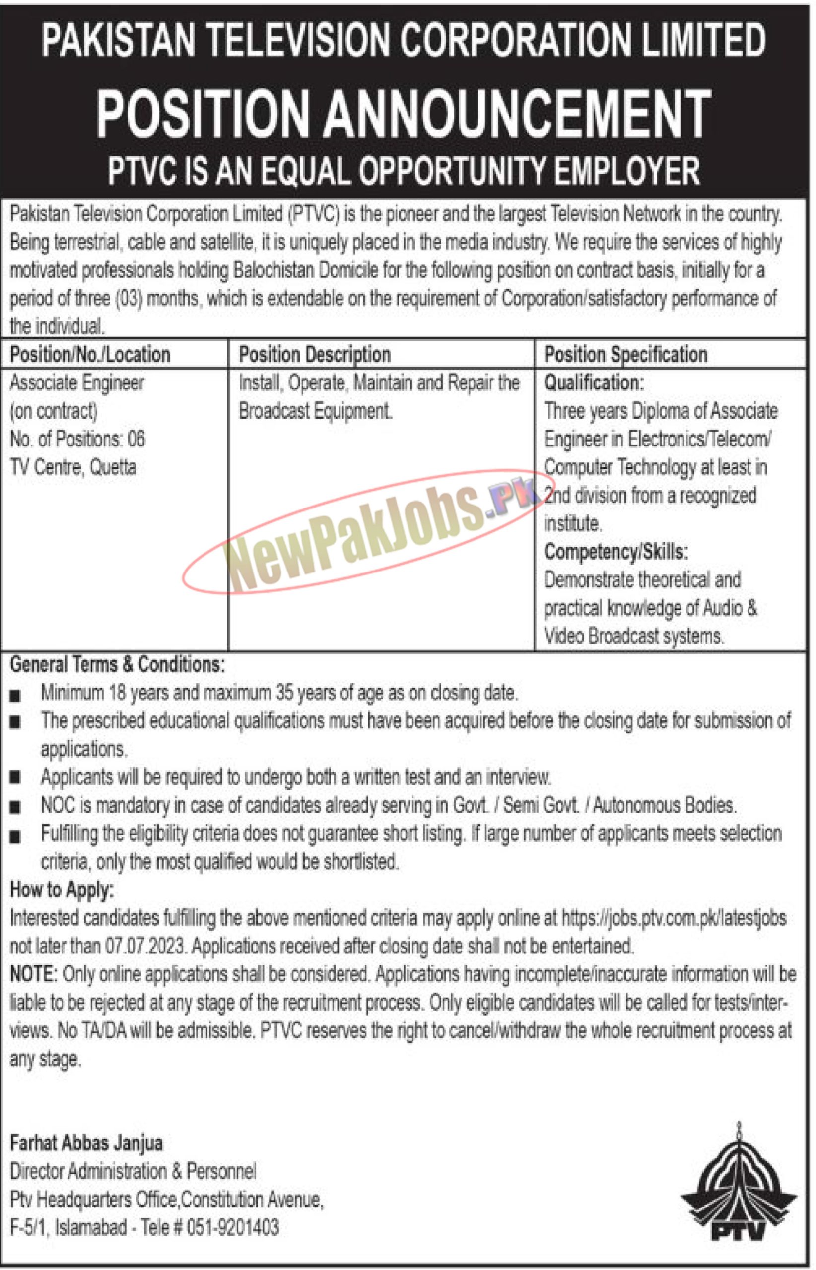 Pakistan Television Corporation Limited PTV Jobs 2023 for Associate Engineers