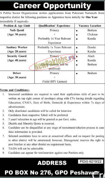 Public Sector Organization PO Box No 276 Peshawar Jobs 2023