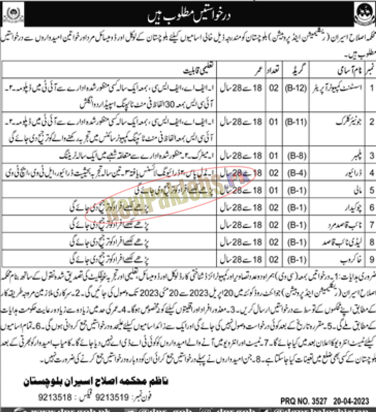 Reclamation and Probation Department Balochistan Jobs 2023