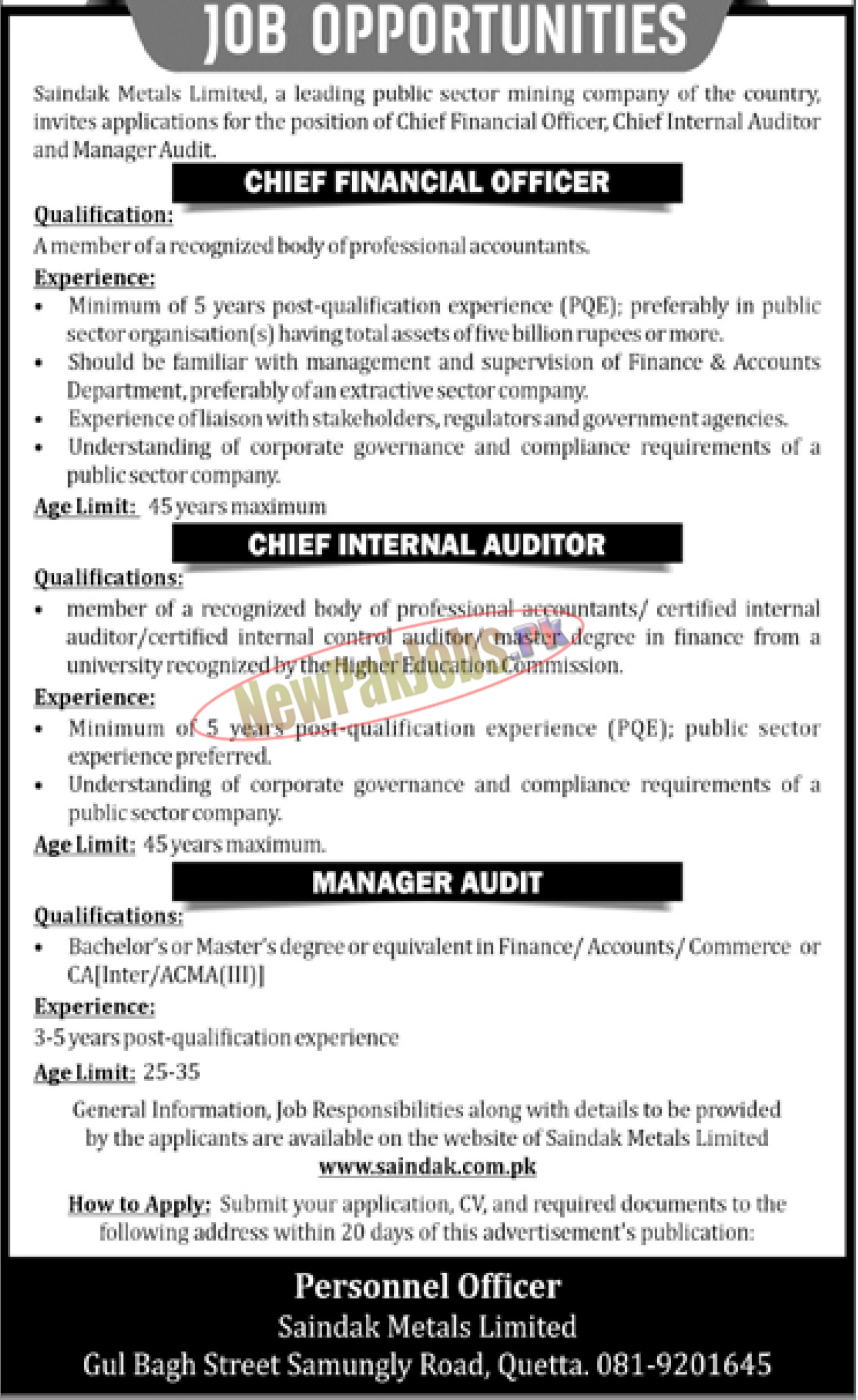 Saindak Metals Limited SML Quetta Jobs 2023