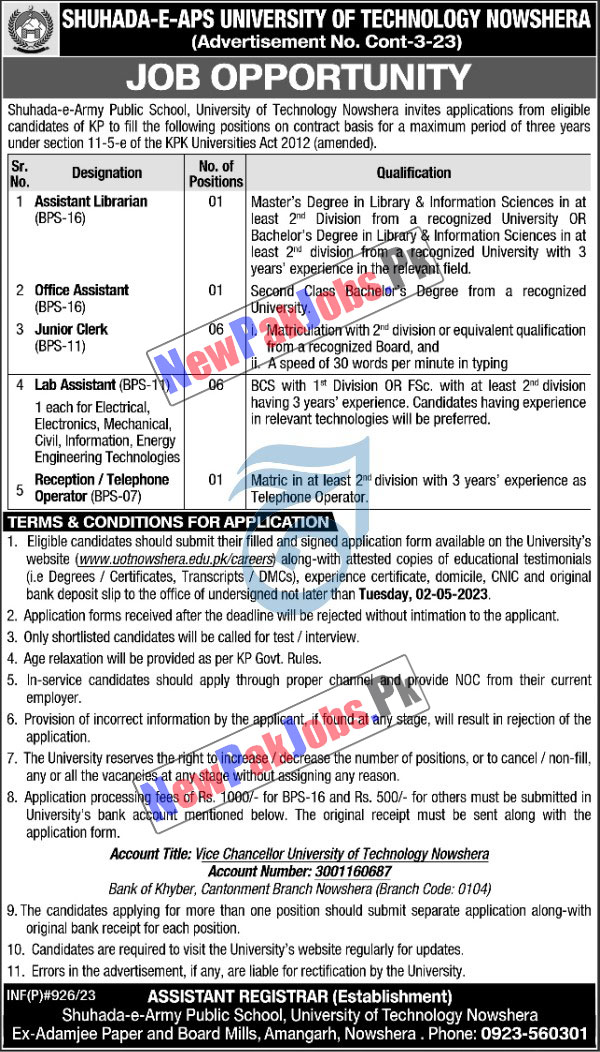 Shuhada E APS University of Technology Nowshera Jobs 2023