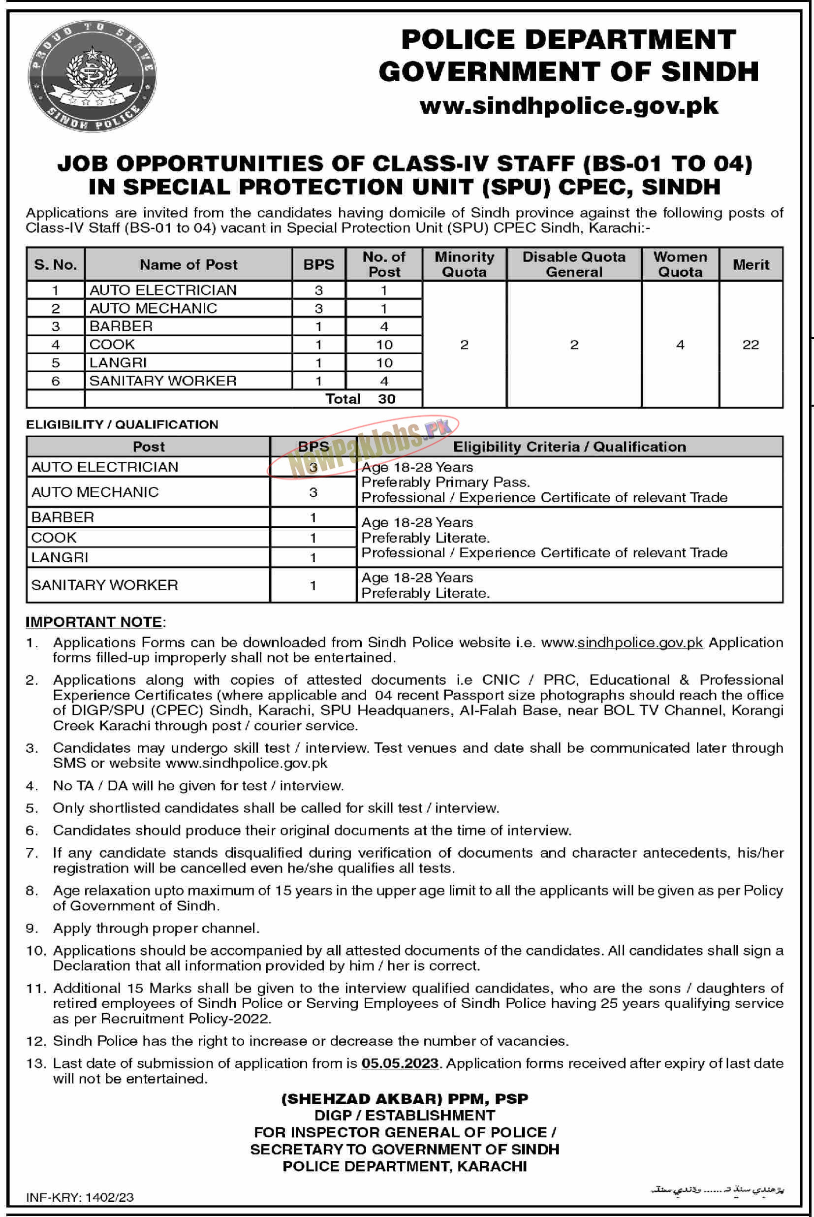 Special Protection Unit SPU Sindh Police Jobs 2023 | Class IV Staff