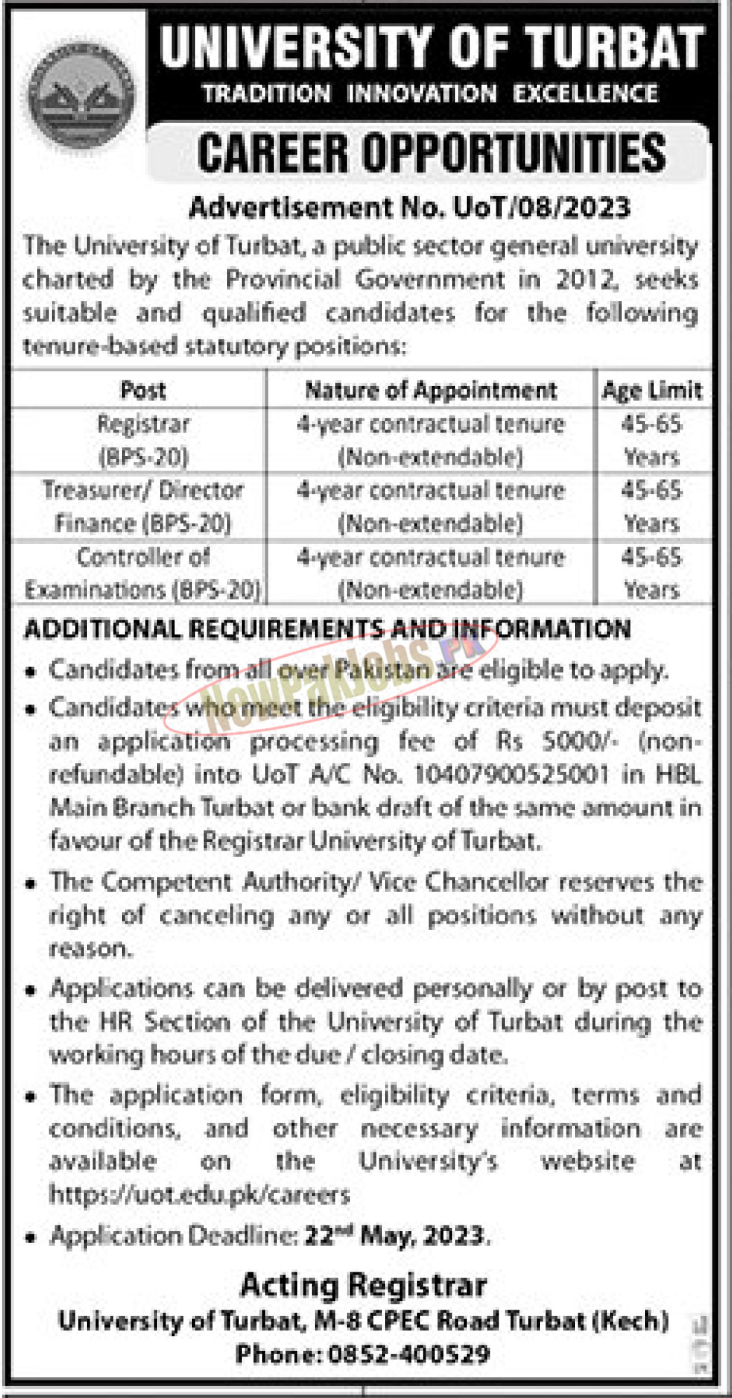 University of Turbat Jobs 2023 Complete Procedure