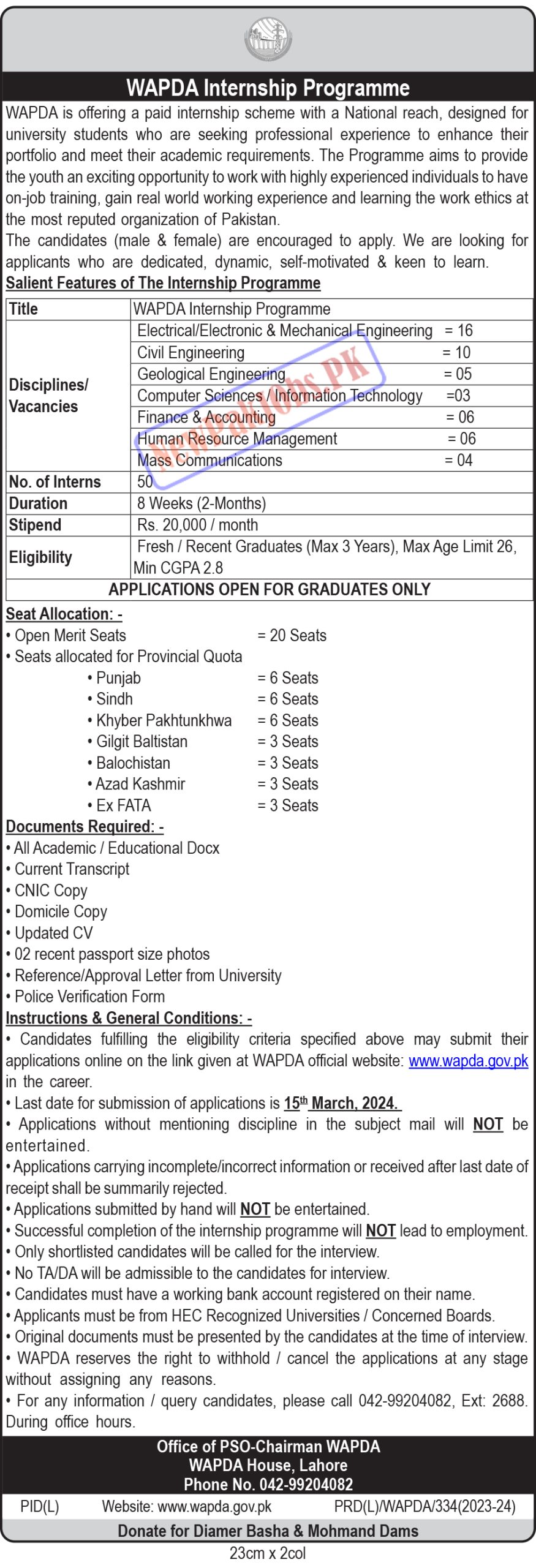 WAPDA Internship Program 2024 www.wapda.gov.pk Online Apply