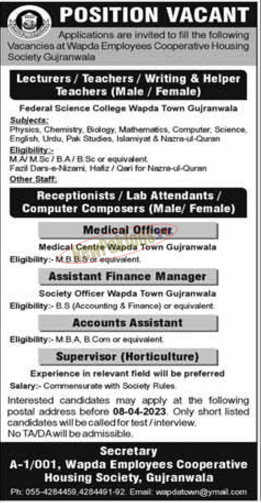 Wapda Employees Cooperative Housing Society Gujranwala Jobs 2023