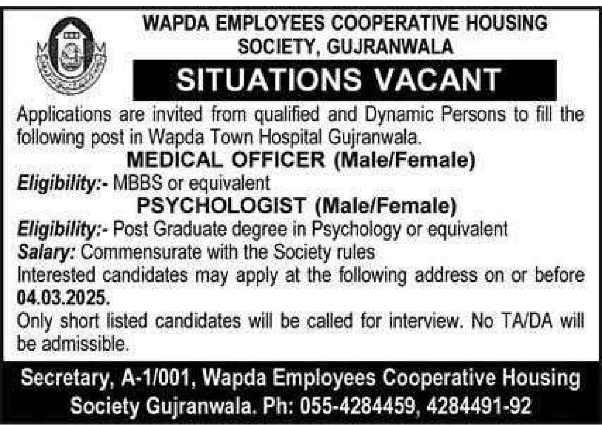 Wapda Employees Cooperative Housing Society Gujranwala Jobs 2025