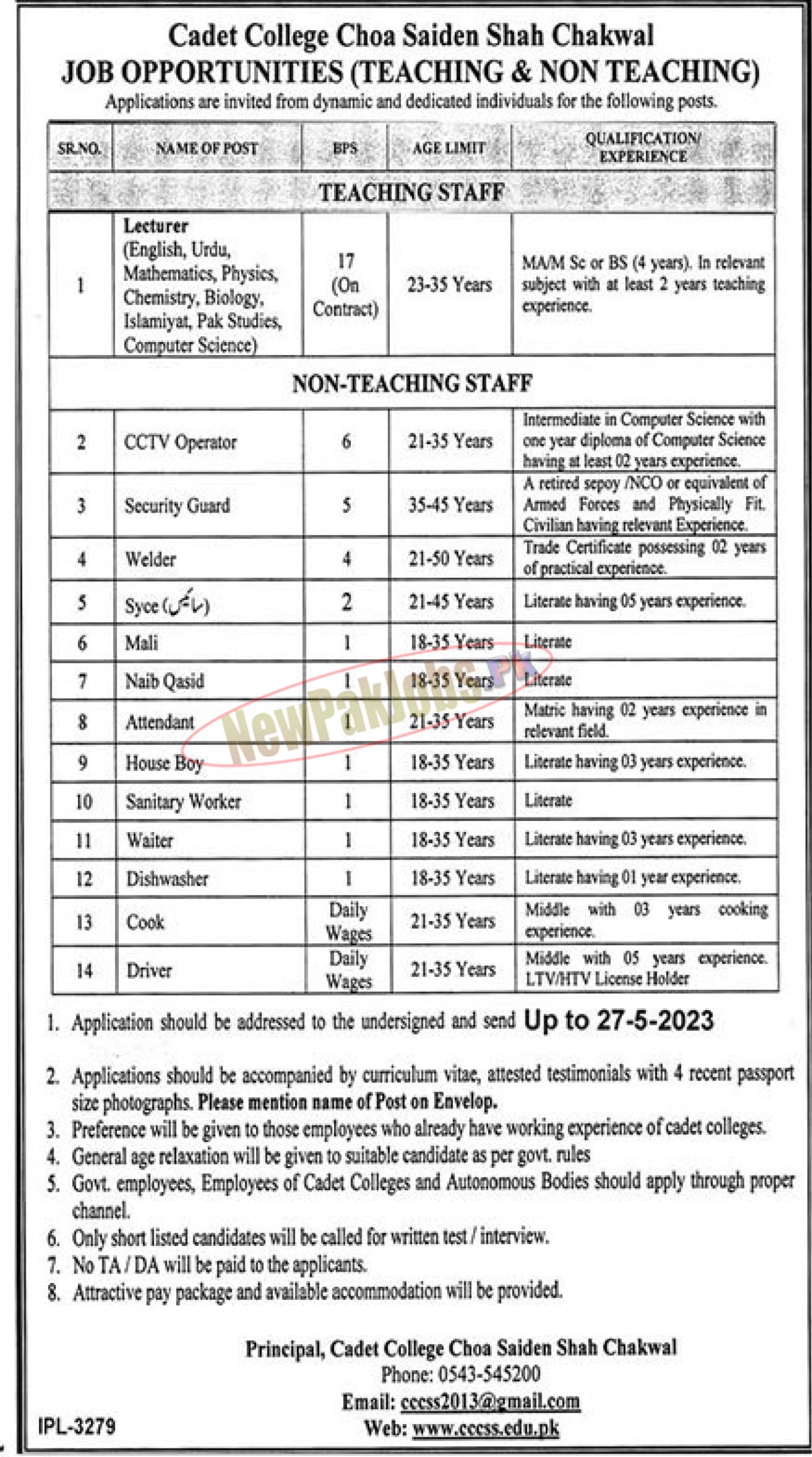 Cadet College Choa Saiden Shah Chakwal Jobs 2023