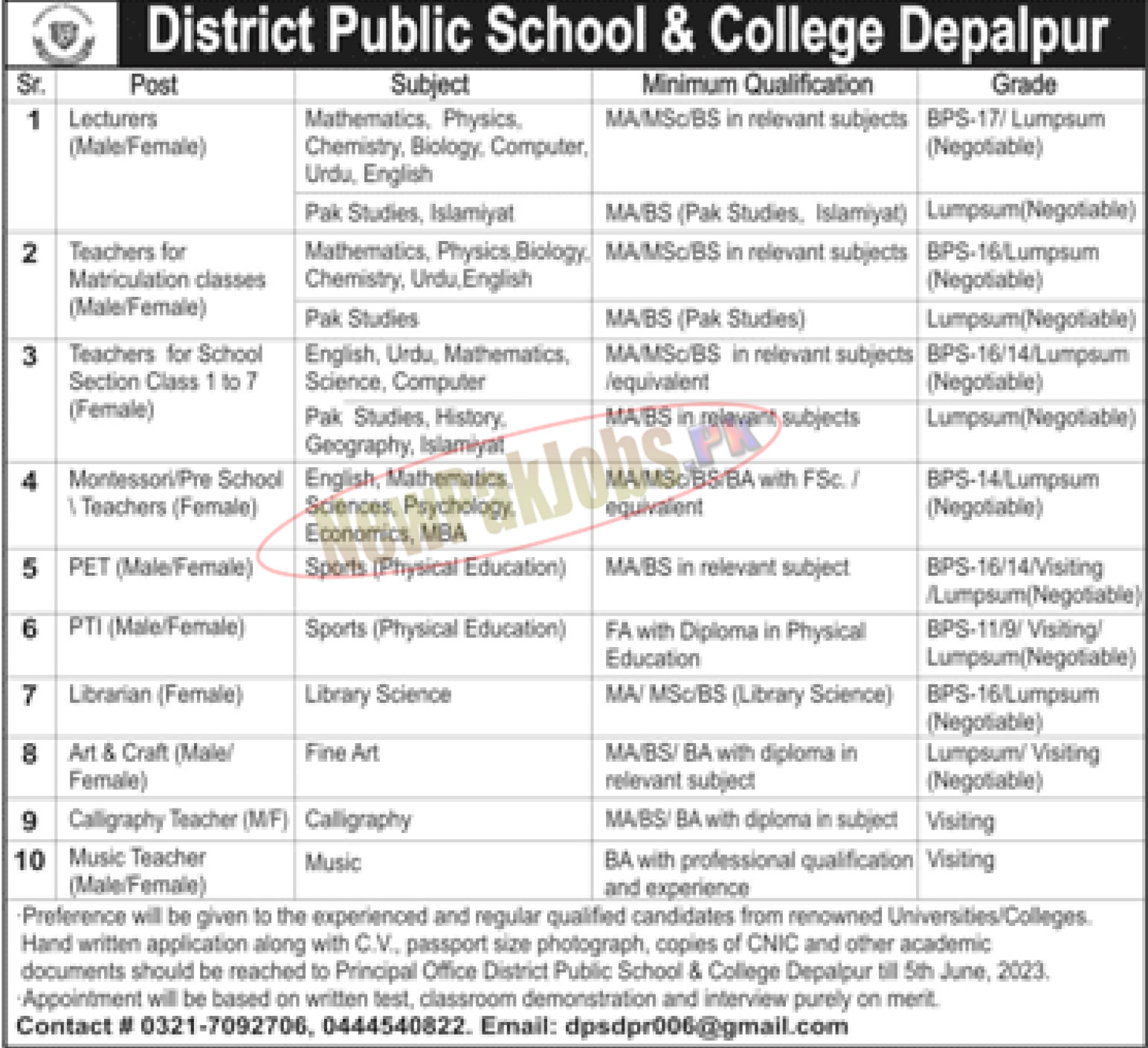 District Public School and College Depalpur Jobs 2023