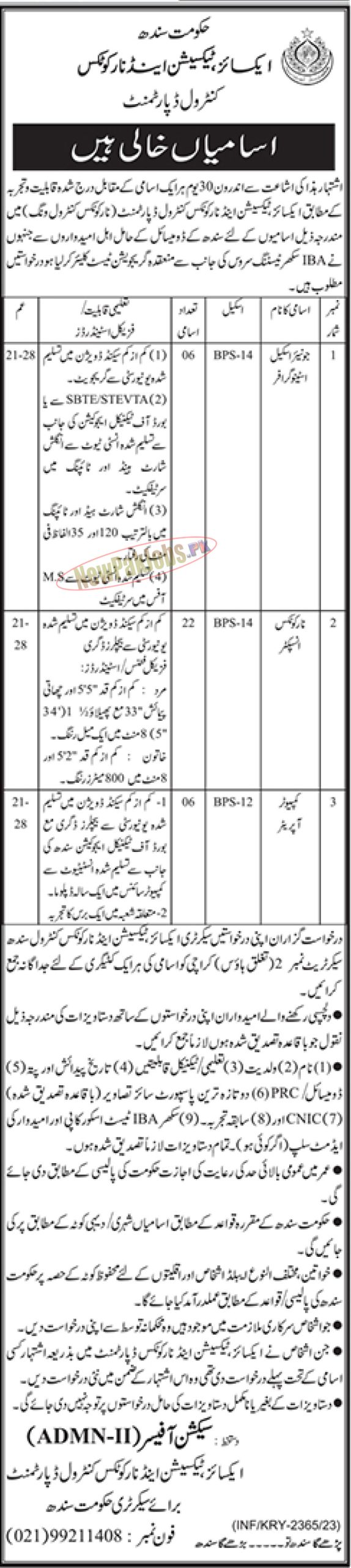 Excise Taxation and Narcotics Control Department Sindh Jobs 2023