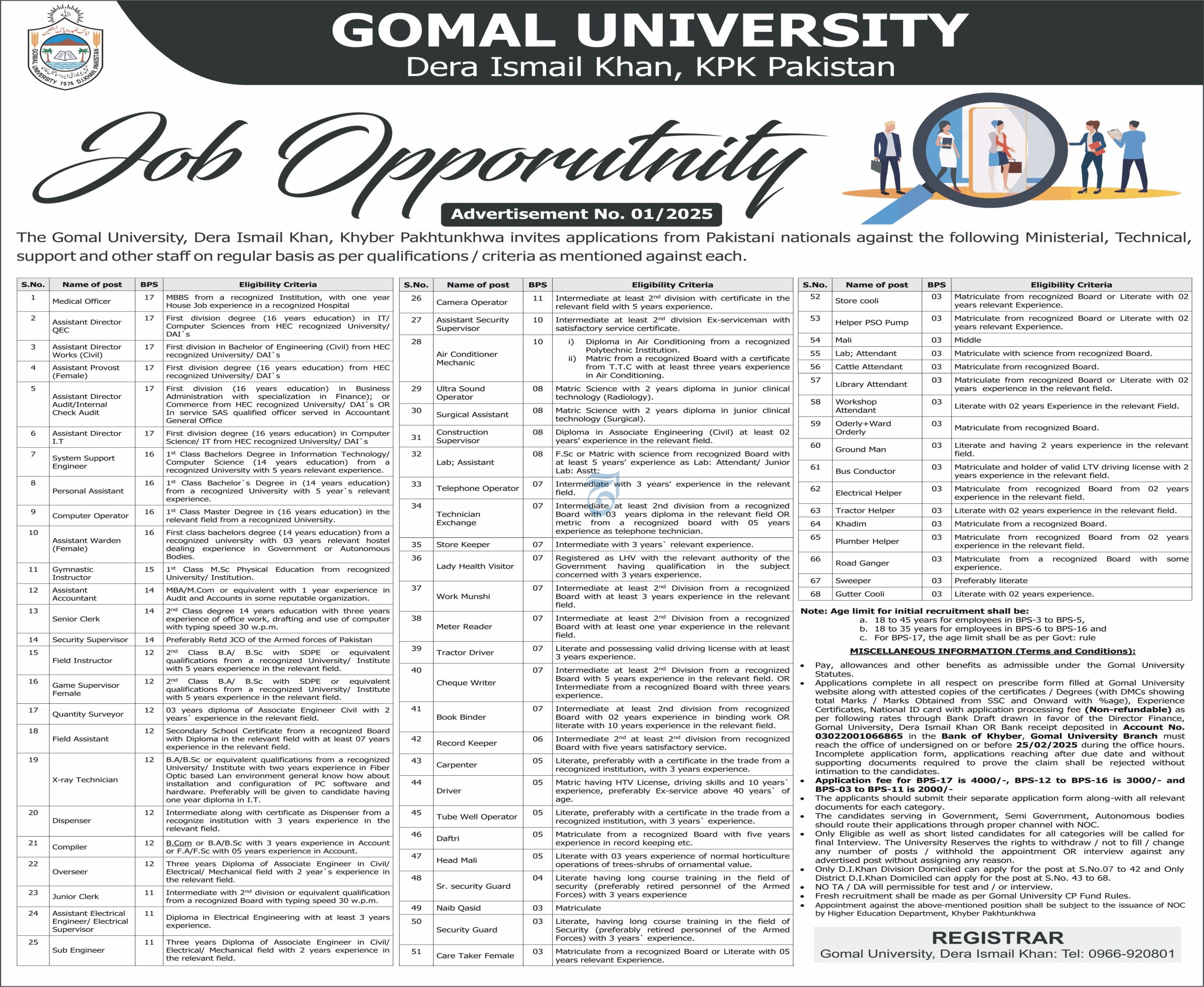 Gomal University Dera Ismail Khan Jobs 2024 for Literate, Middle, Matric & Master Pass