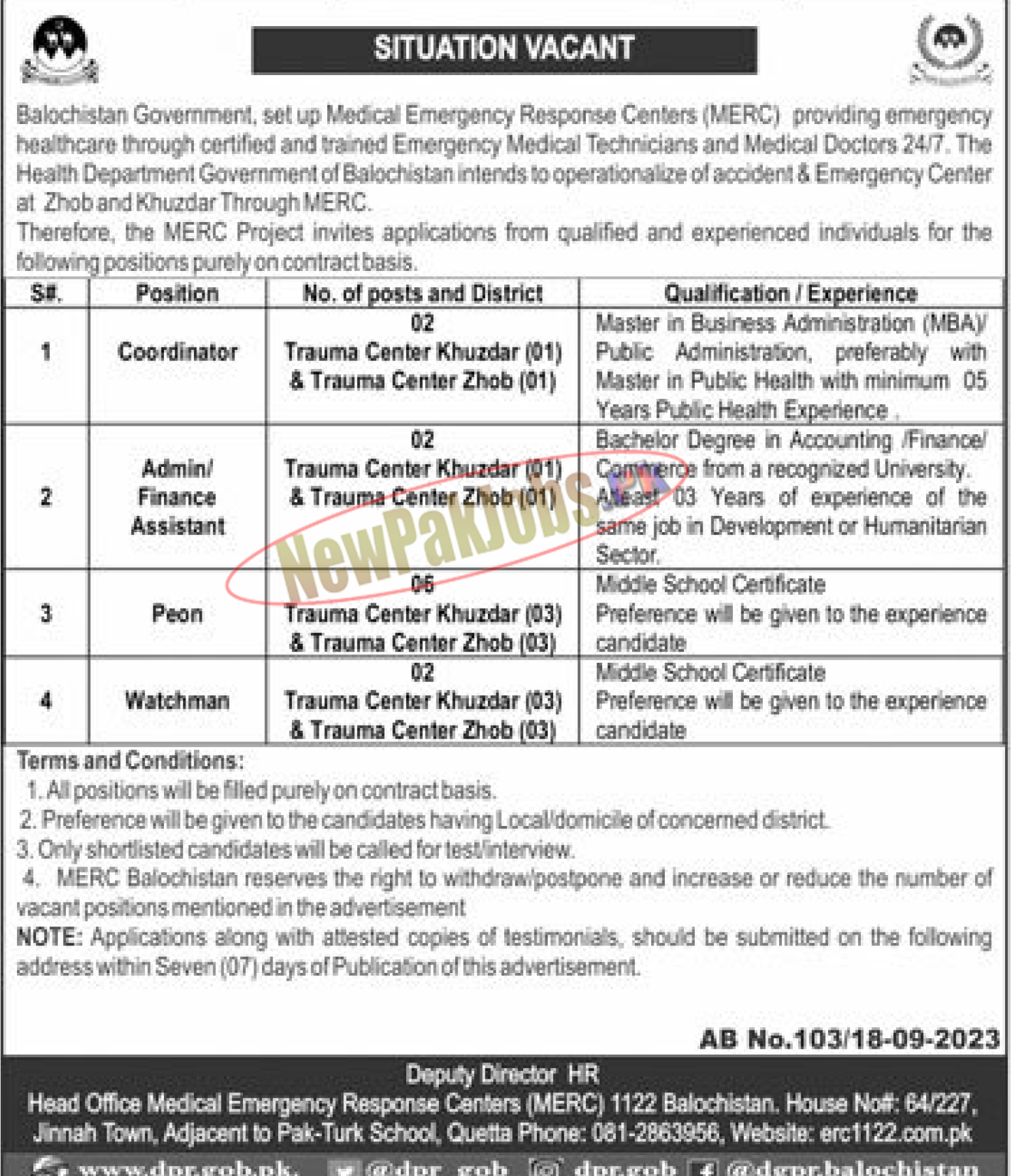 Latest MERC Rescue 1122 Balochistan Jobs September 2023