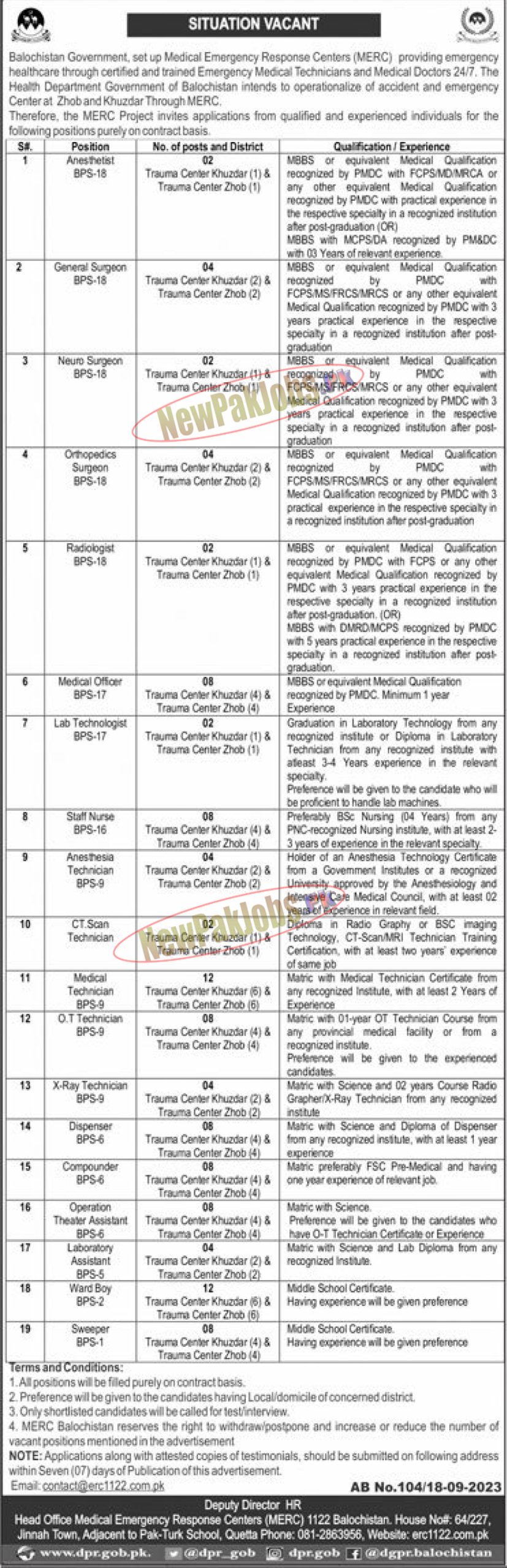 MERC Rescue 1122 Balochistan Jobs September 2023