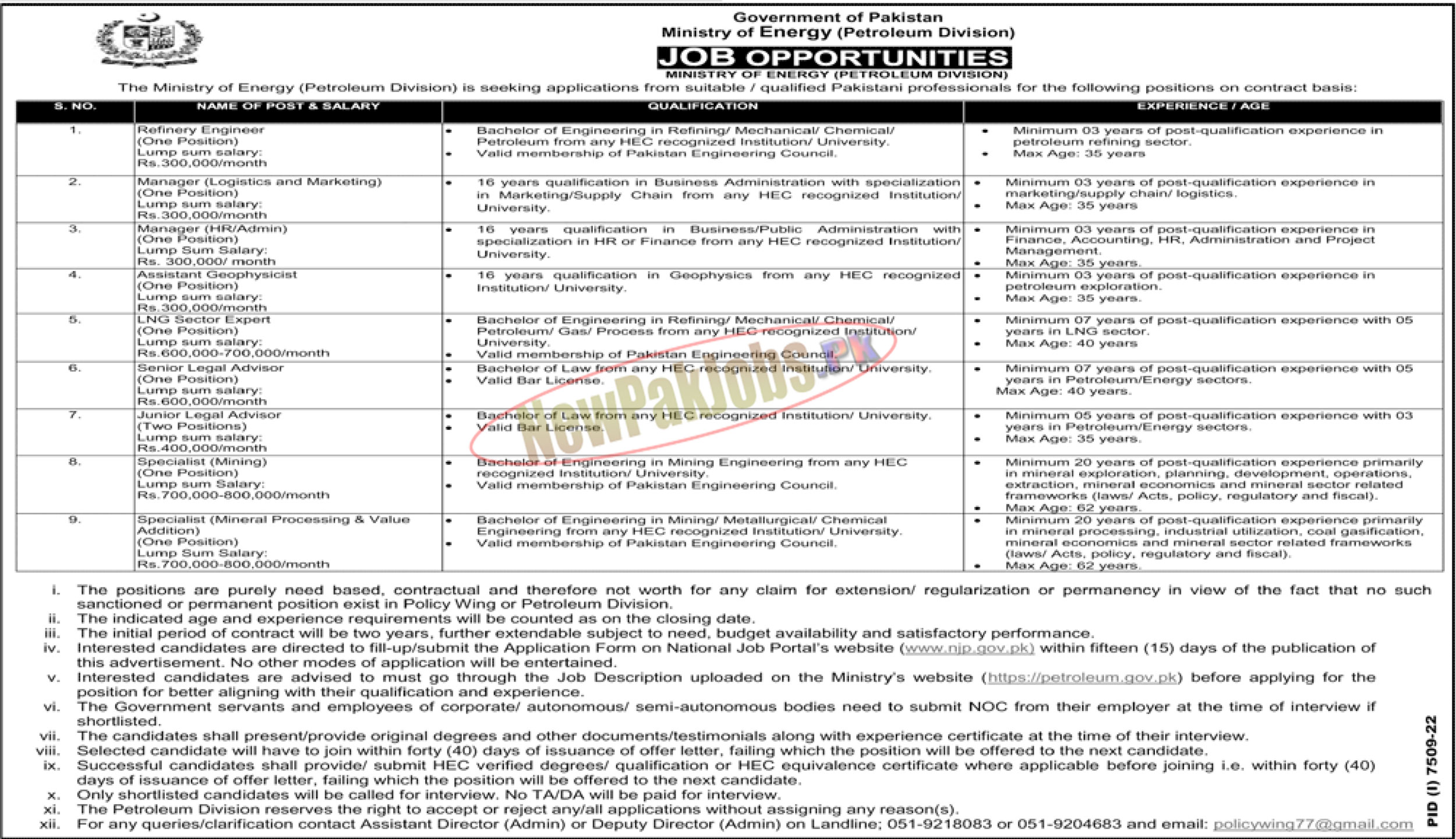 Ministry of Energy Petroleum Division Jobs 2023 Online Apply