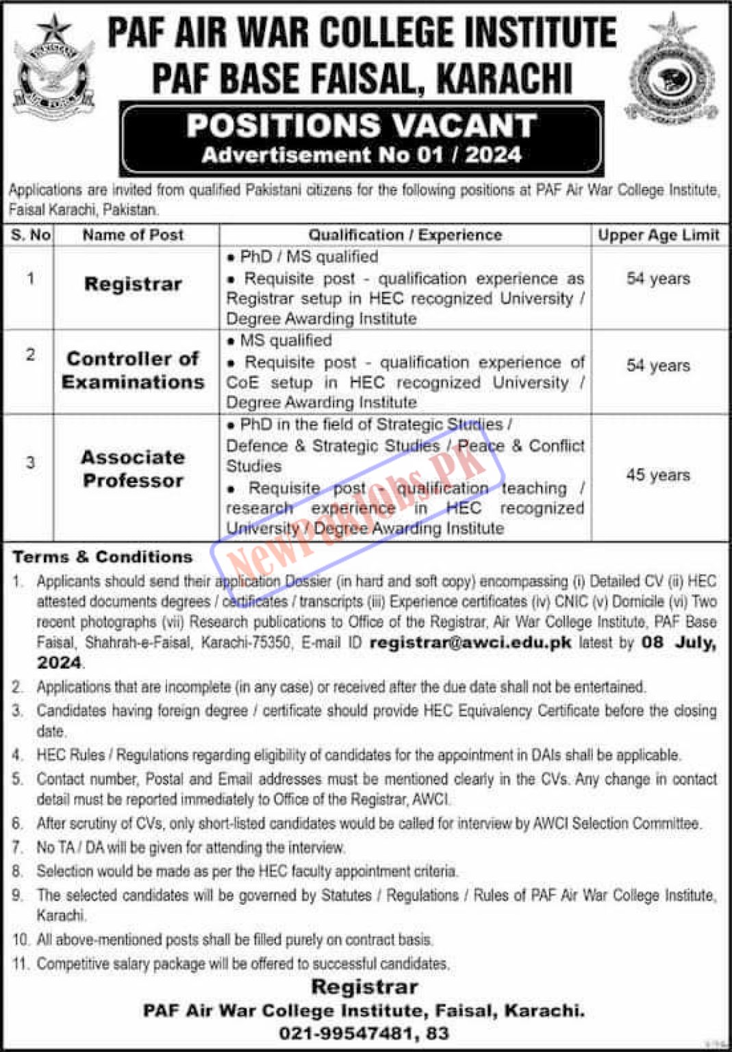 PAF Air War College Institute PAF Base Faisal Karachi Jobs 2024