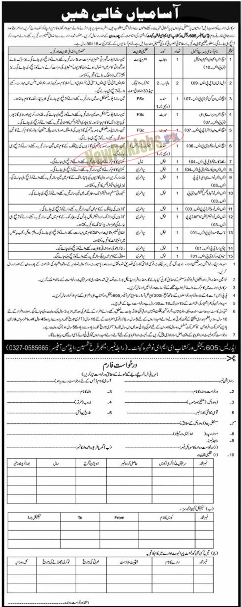 Pak Army 605 Regional Workshop EME Nowshera Cantt Jobs