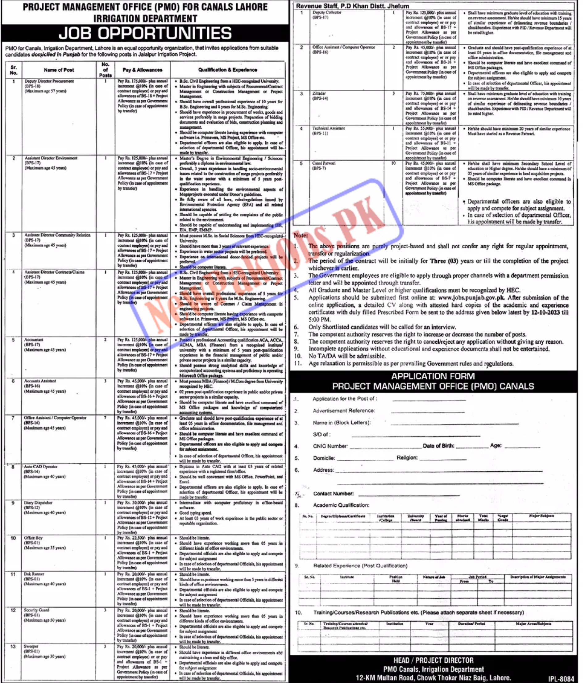 Punjab Irrigation Department PMO Lahore Division Jobs 2023