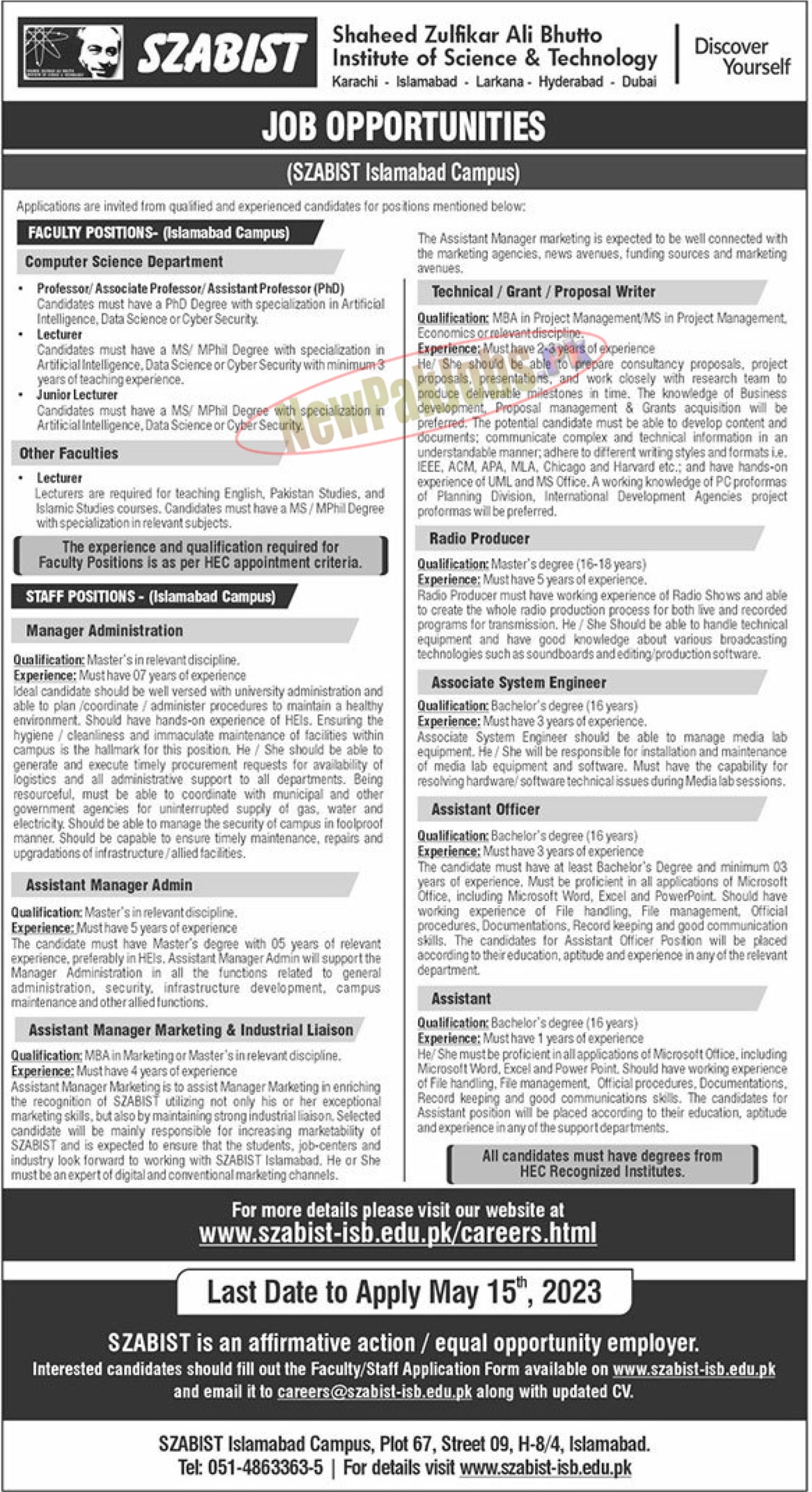 SZABIST Jobs 2023