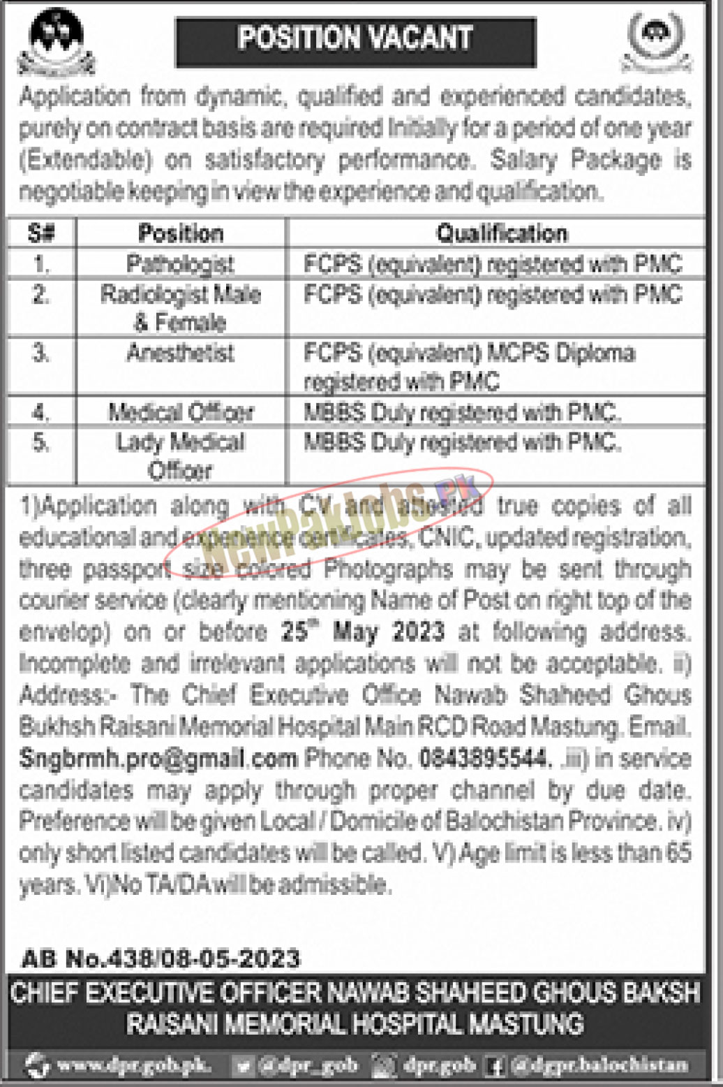 Shaheed Nawab Ghous Bakhsh Raisani Memorial Hospital Mastung Jobs 2023