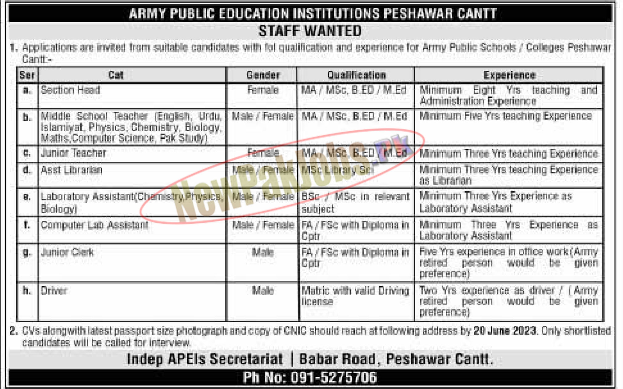 Army Public Education Institutions Peshawar Cantt Jobs 2023