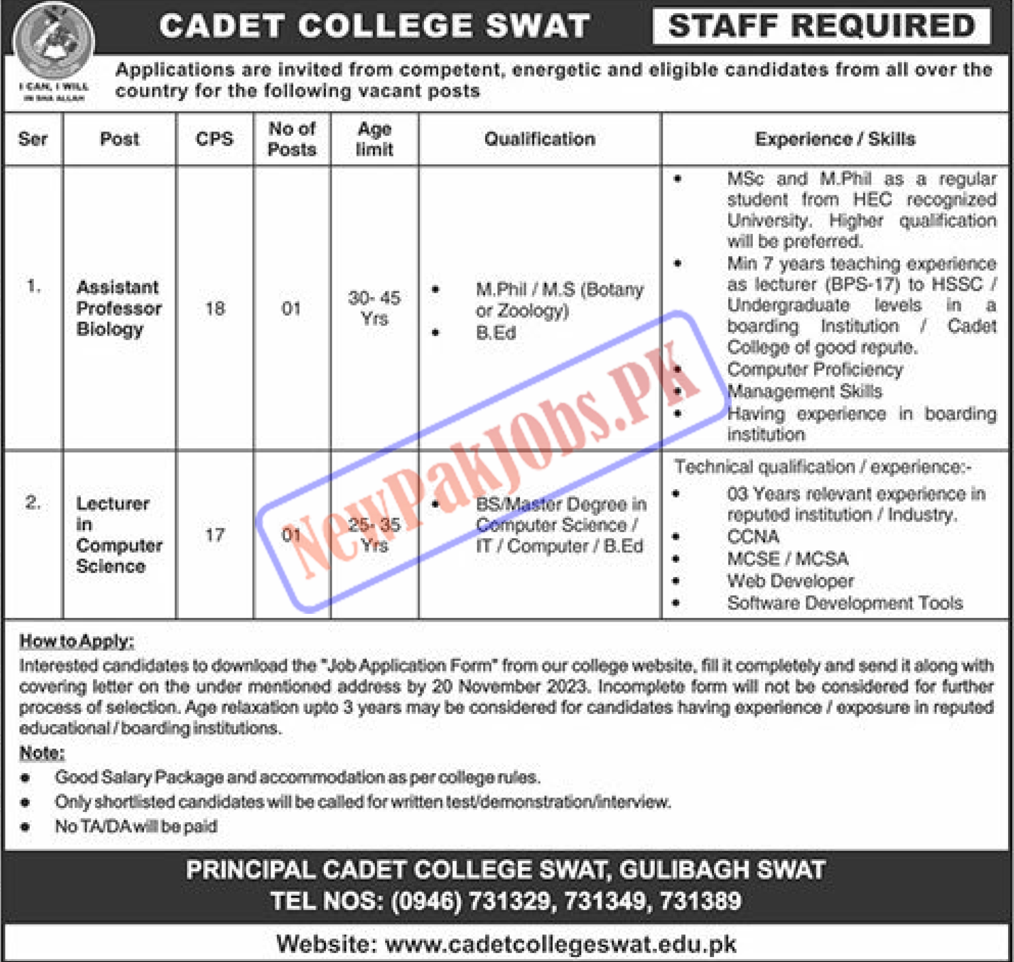 Cadet College Swat Jobs November 2023