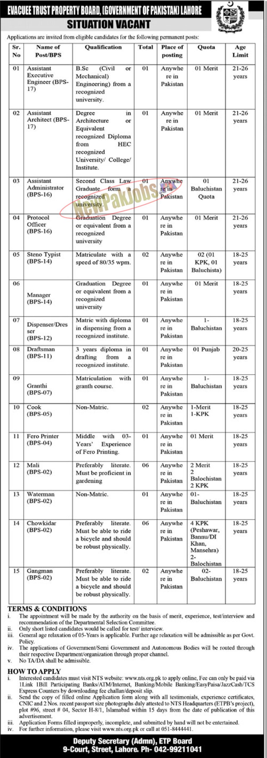 Evacuee Trust Property Board ETPB Lahore Jobs 2023