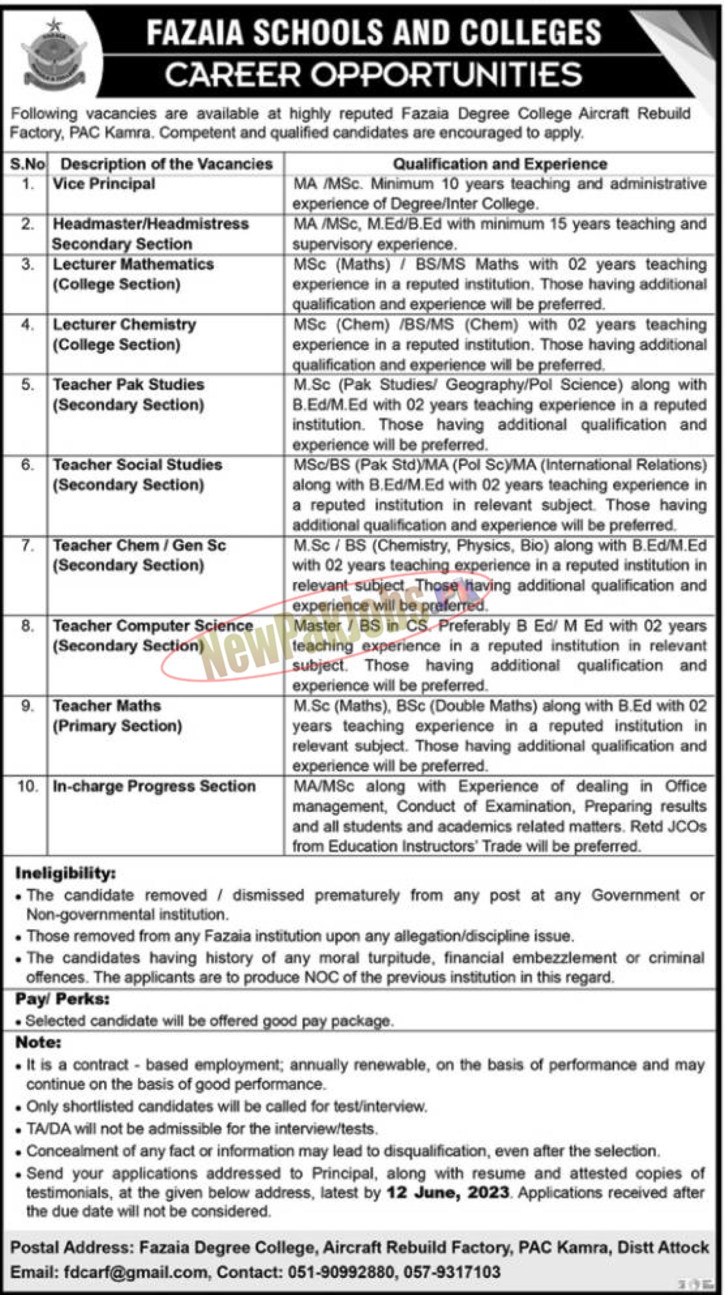 Fazaia Degree College PAC Kamra Attock Jobs 2023