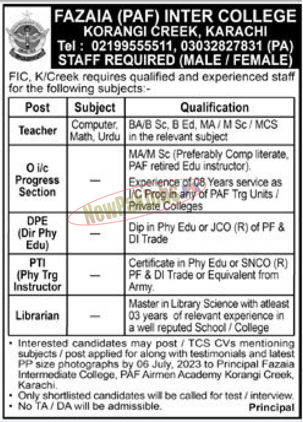 Fazaia Inter College FIC Korangi Creek Karachi Jobs 2023