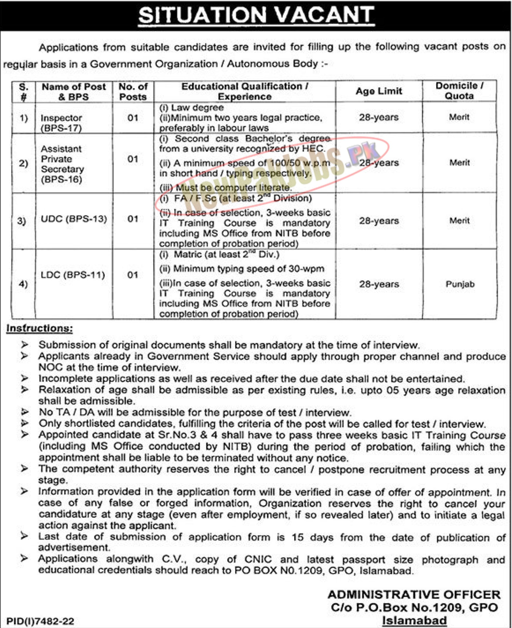 Government Organization PO Box No 1209 Islamabad Jobs 2023