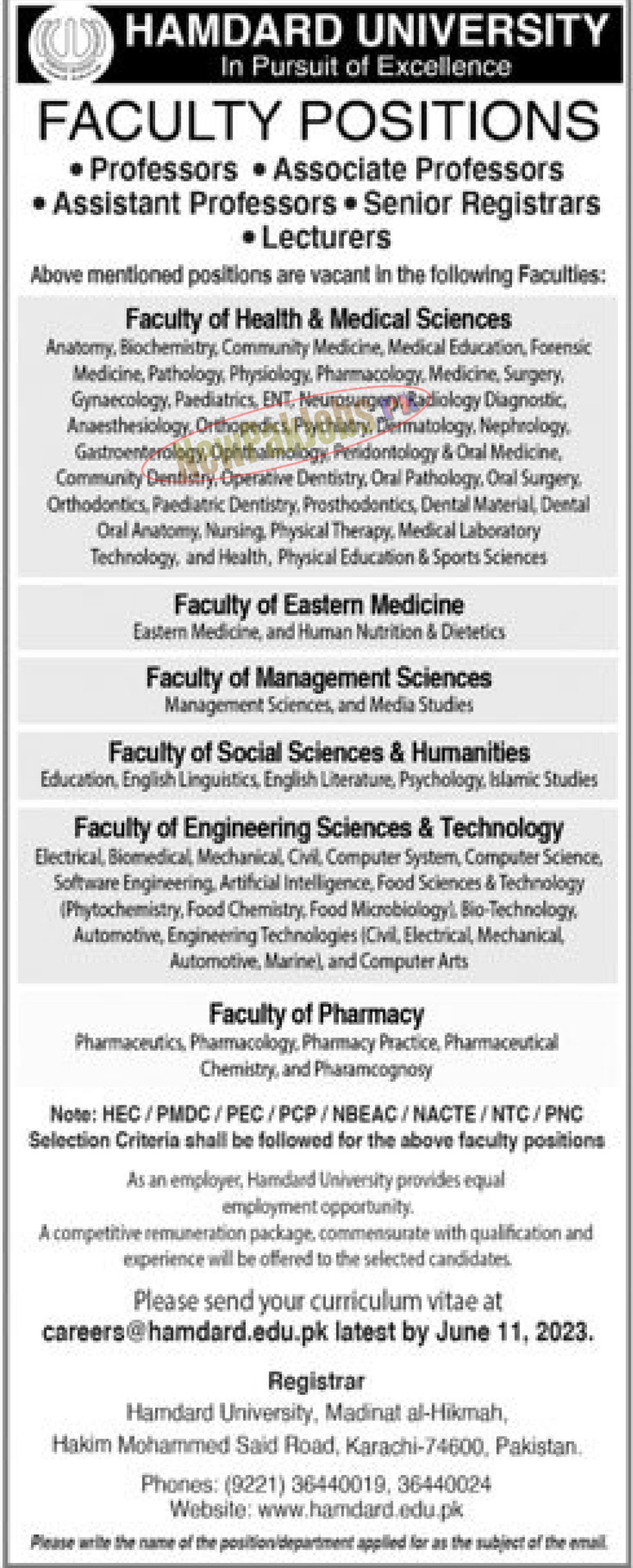 Hamdard University Karachi Jobs 2023 - Forward CV