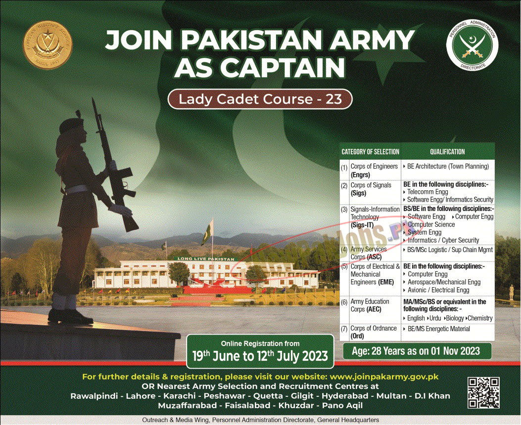 Join Pakistan Army as Captain Lady Cadet Course 2023