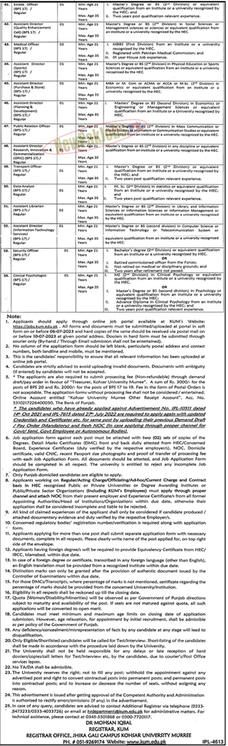 Kohsar University Murree Jobs 2023