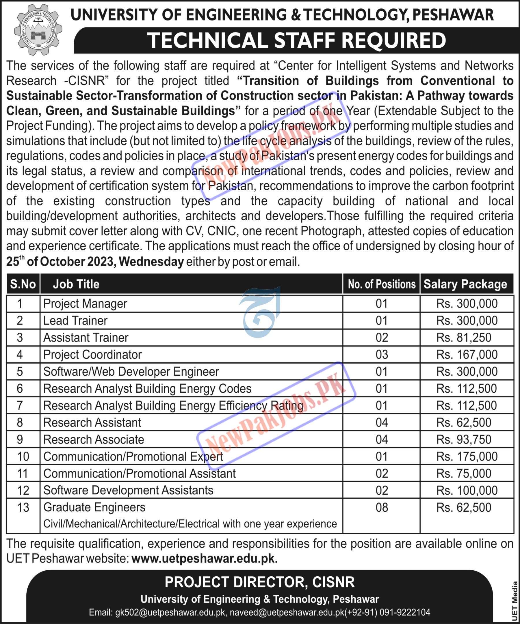 Latest University of Engineering and Technology UET Peshawar Jobs 2023