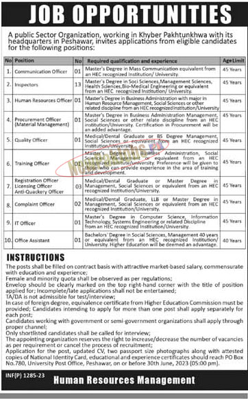 Public Sector Organization PO Box 780 Peshawar Jobs 2023