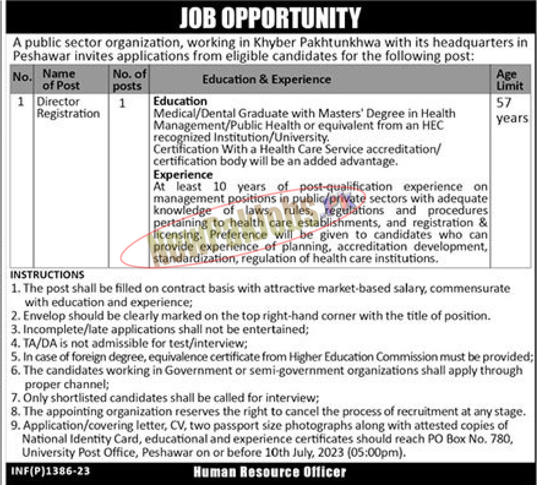 Public Sector Organization PO Box 780 Peshawar Jobs July 2023