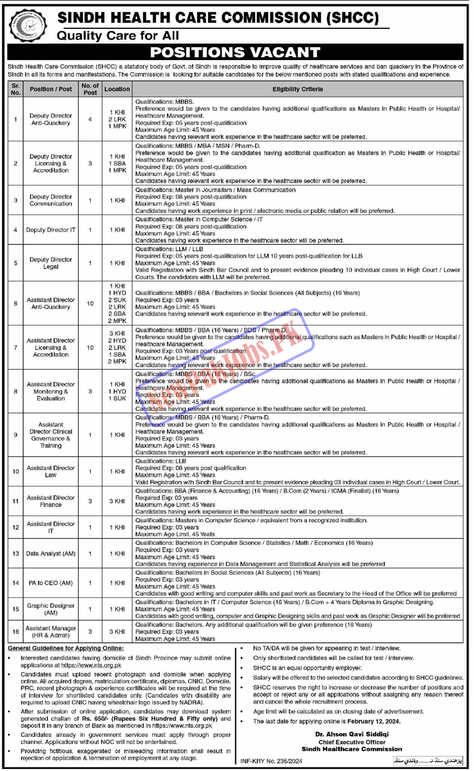 Sindh Health Care Commission SHCC Jobs 2024 NTS Online Apply