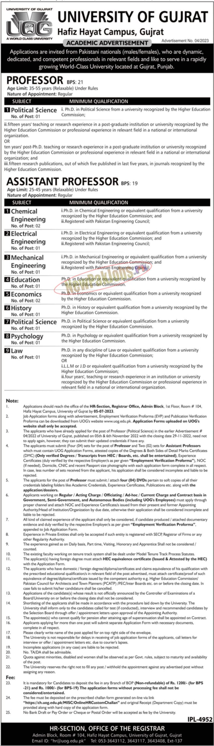 University of Gujrat UOG Jobs 2023 Latest Jobs for Professor