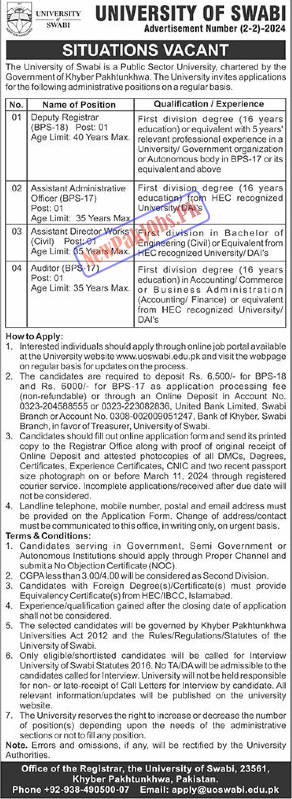 University of Swabi Jobs 2024 www.uoswabi.edu.pk