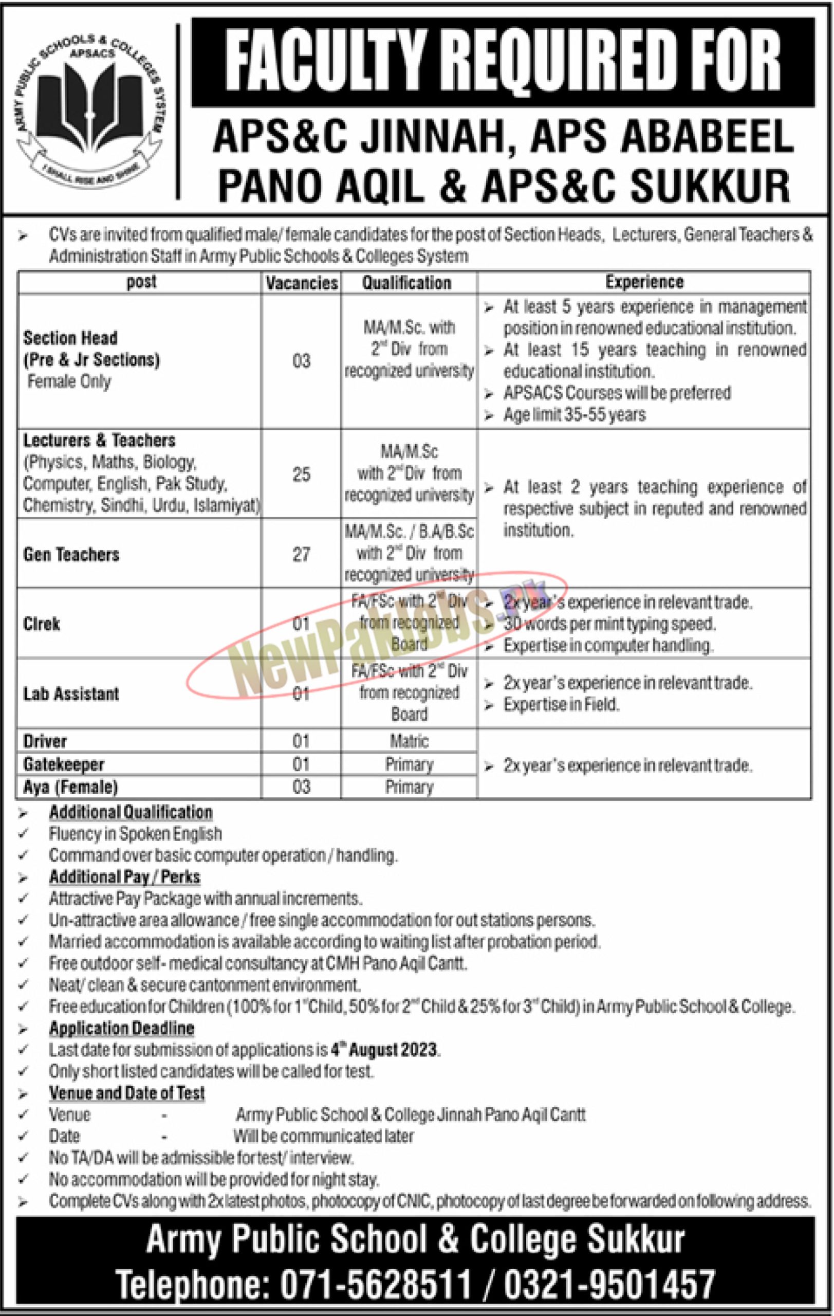 Army Public School And College Apsc Sukkur Jobs 2023 