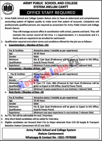 Army Public School and College Jhelum Cantt Jobs 2023