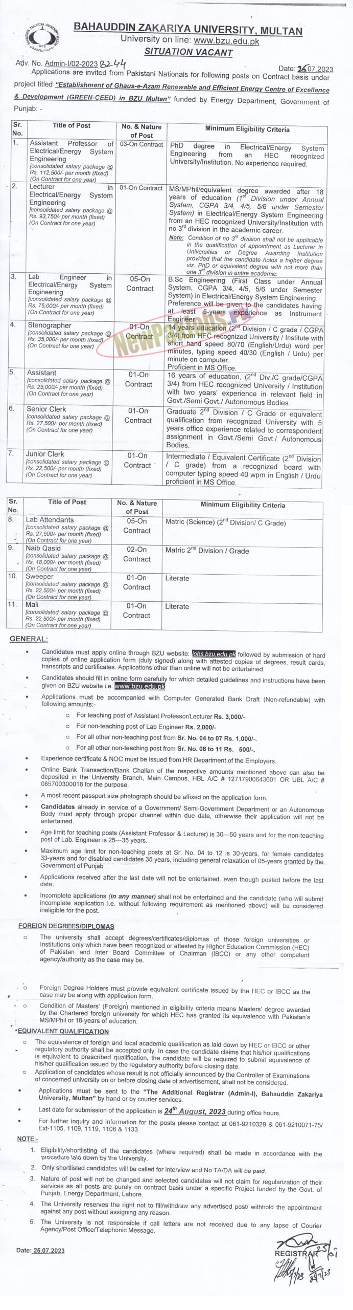 BZU Multan Jobs Latest 2023