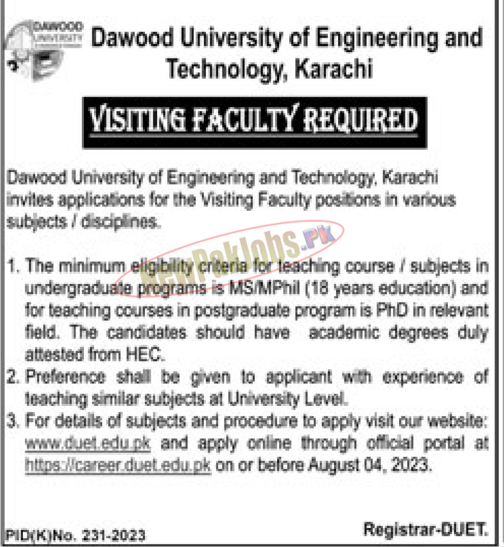 Dawood University of Engineering & Technology DUET Karachi Jobs July 2023