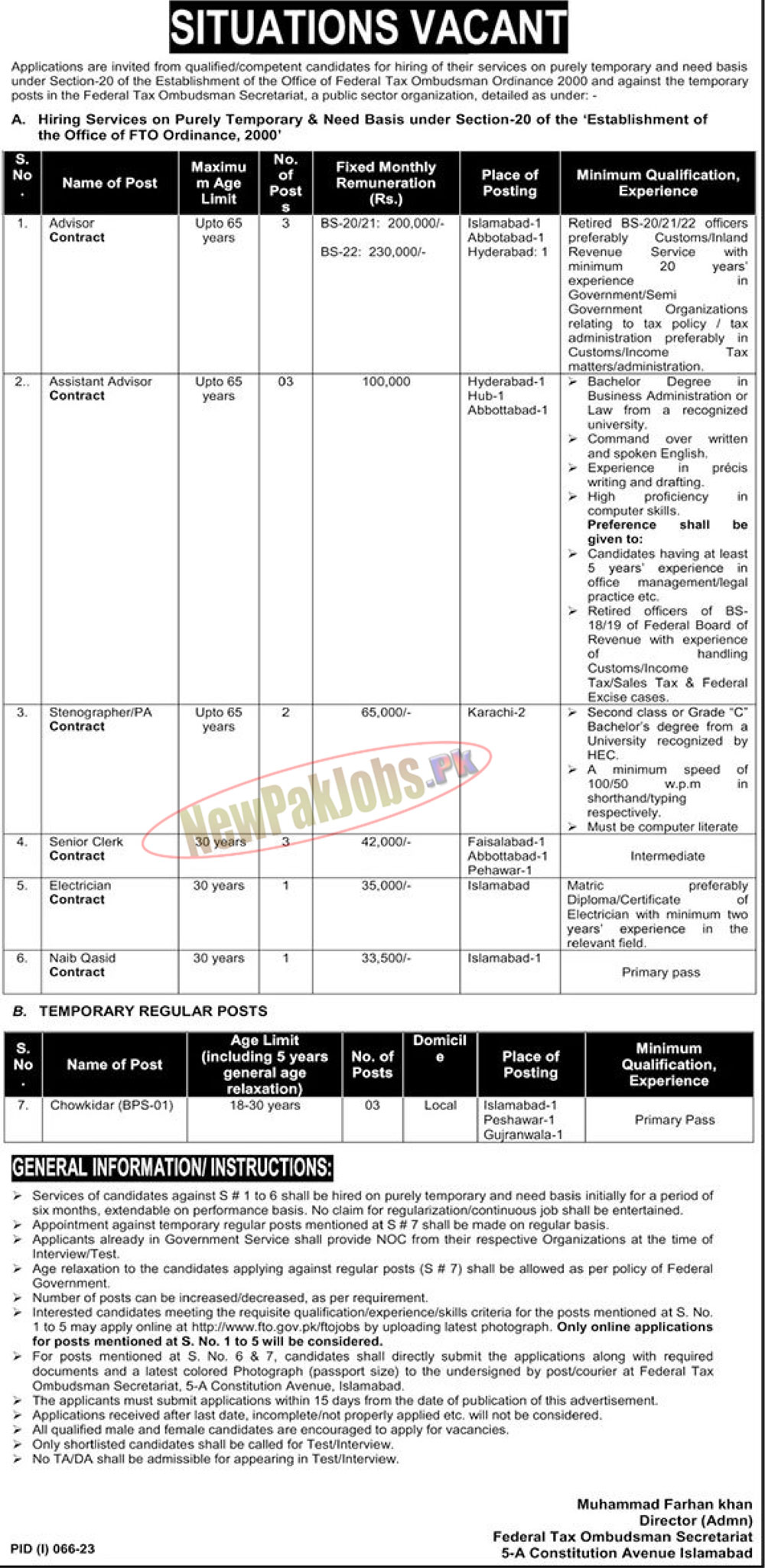 Federal Tax Ombudsman Secretariat FTO Islamabad Jobs 2023