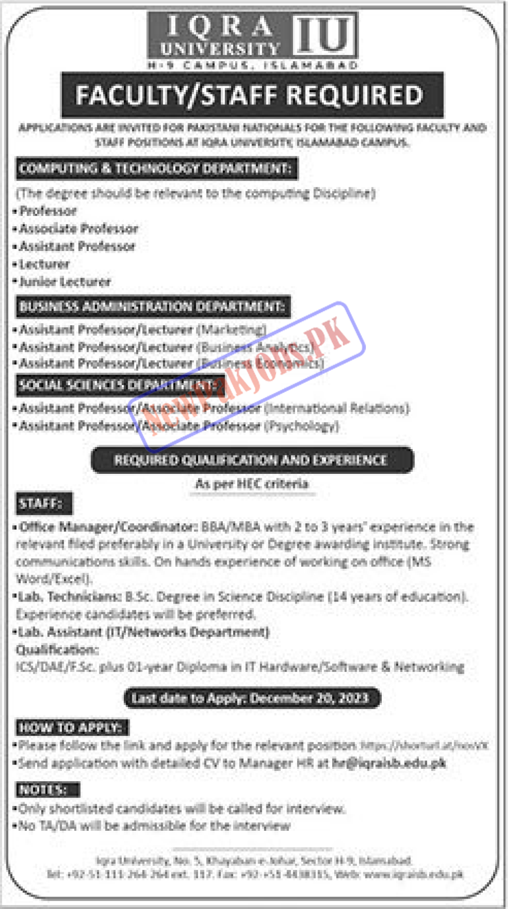 Iqra University IU Jobs 2023 Send Online CVs via Email