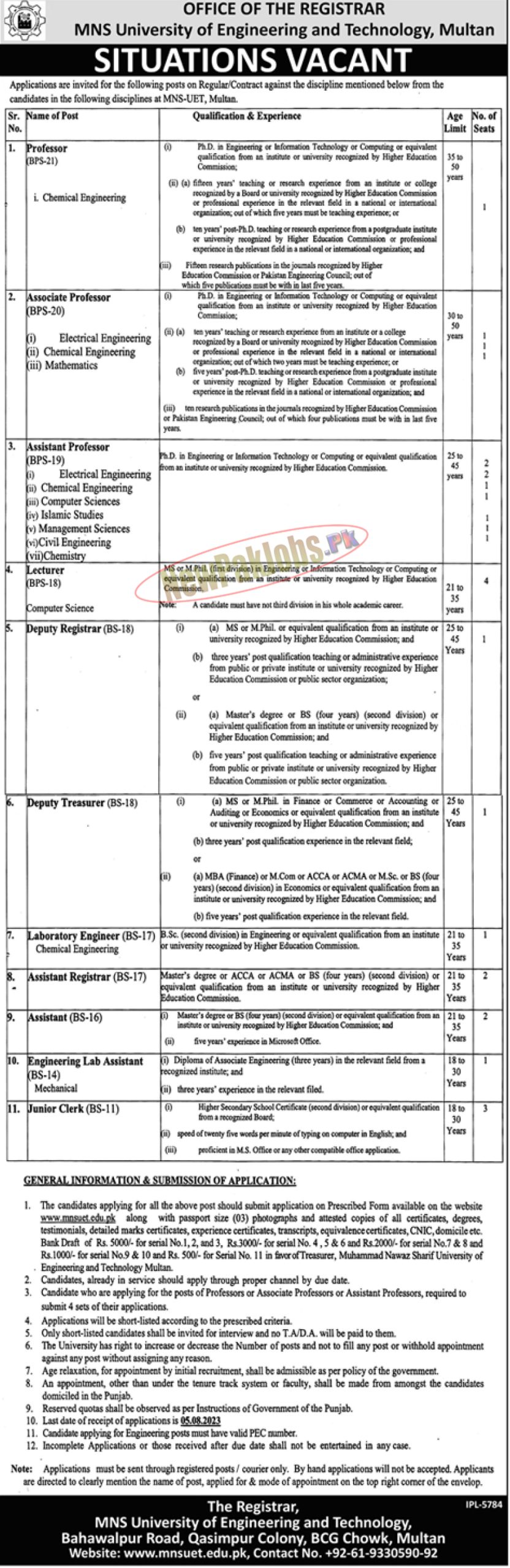 MNS UET Multan Jobs 2023