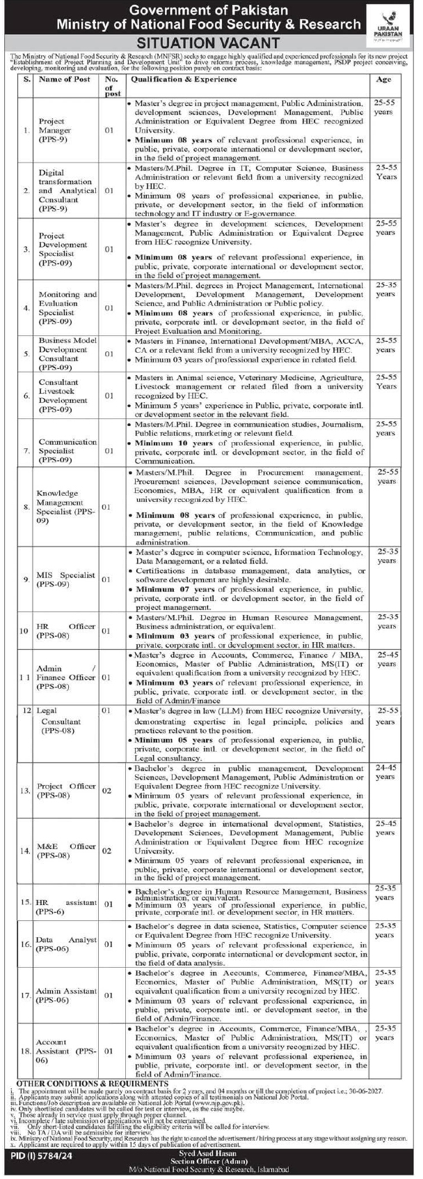 Ministry of National Food Security and Research MNFSR Jobs 2025 NJP Apply