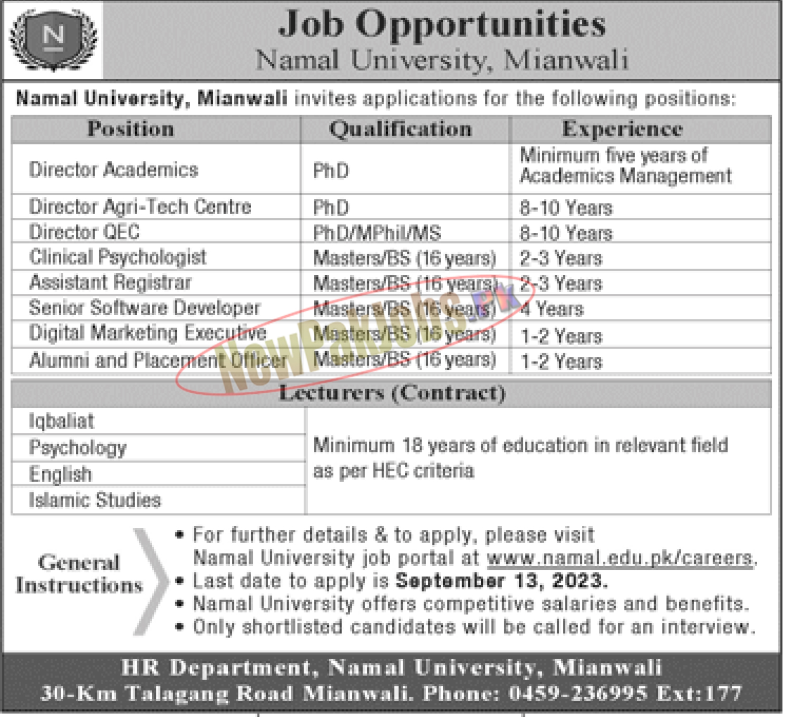 Namal University Mianwali Jobs September 2023