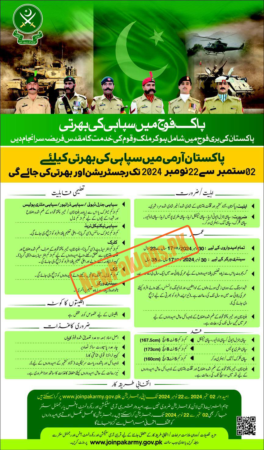 Pak Army Sipahi Jobs 2024 - Join Pak Army as Sipahi Jobs 2024