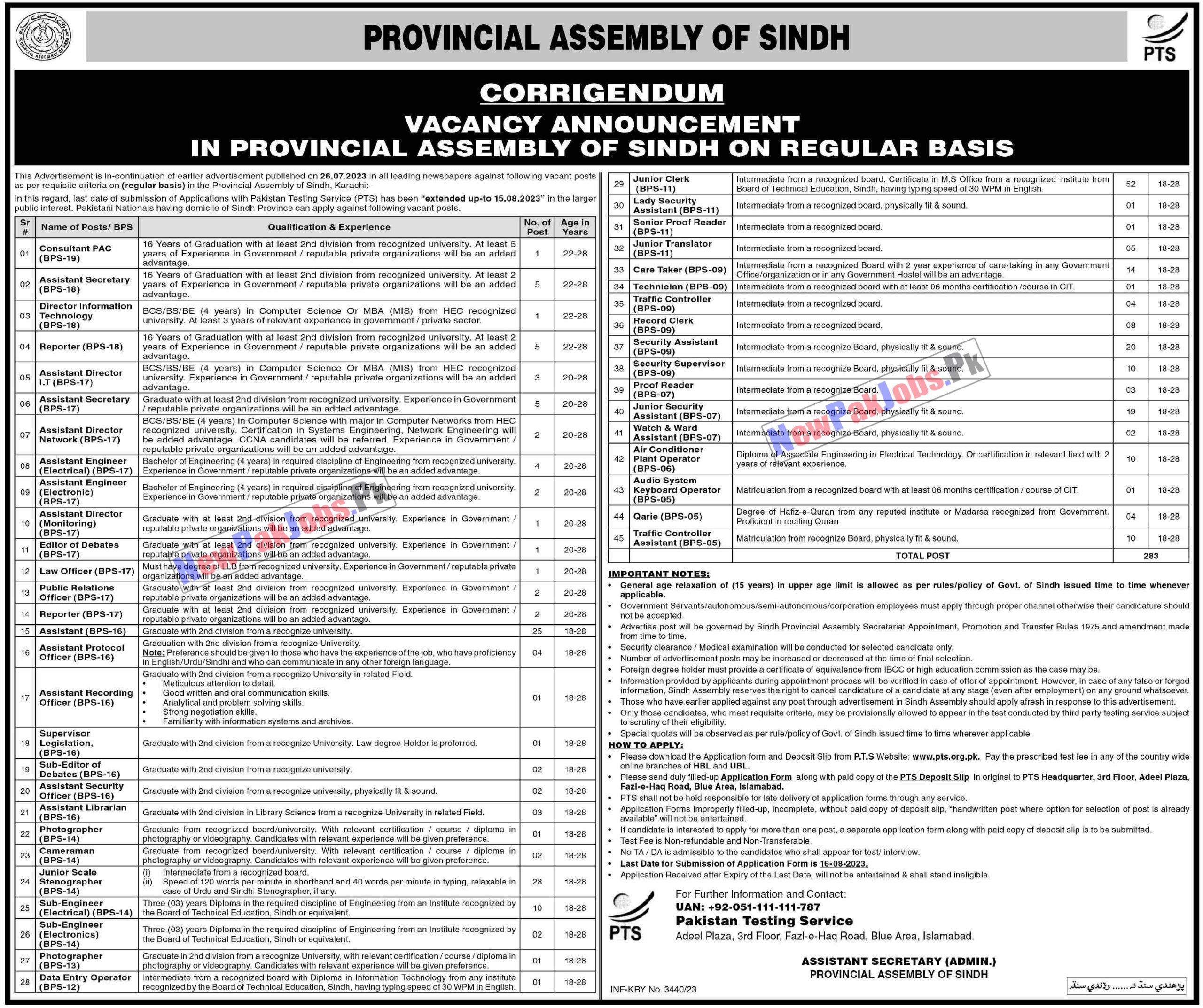 Provincial Assembly Sindh Jobs 2023 Last Date Extend