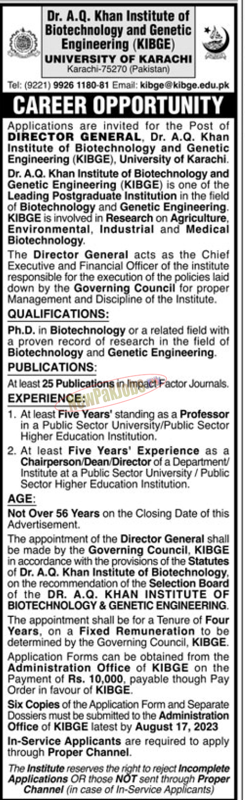 University of Karachi UOK Jobs 2023 for Director General